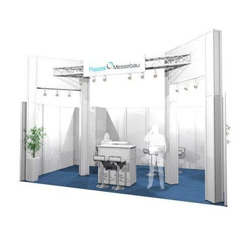 Messestand mit Tresen, zwei Barhockern, Beleuchtung und Pflanzen auf blauem Boden